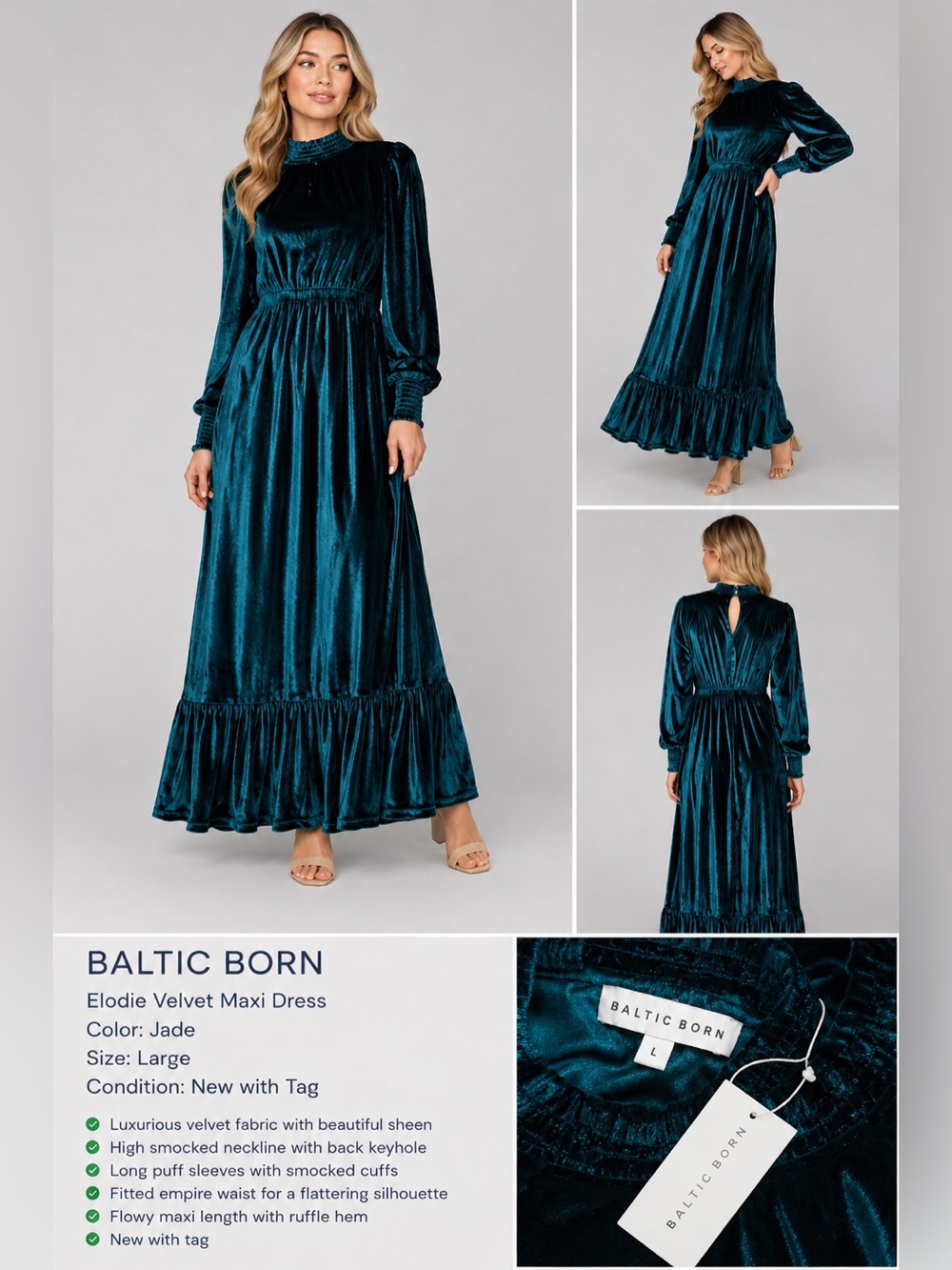 Baltic Born Elodie Velvet Maxi Dress Jade Green Size Large NWT Romantic Smocked